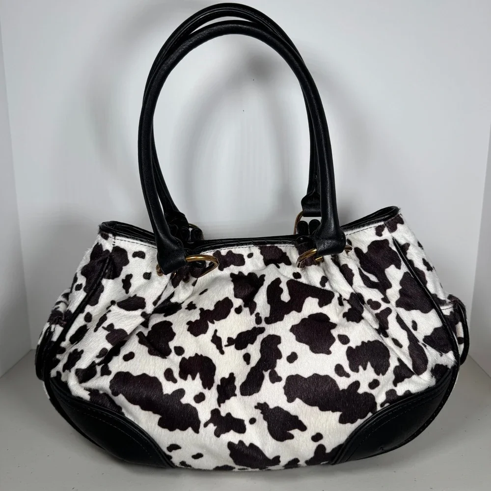 Juicy Couture Romance Cow Print Satchel Bag Faux Fur Pink Bow Heart Charm BW